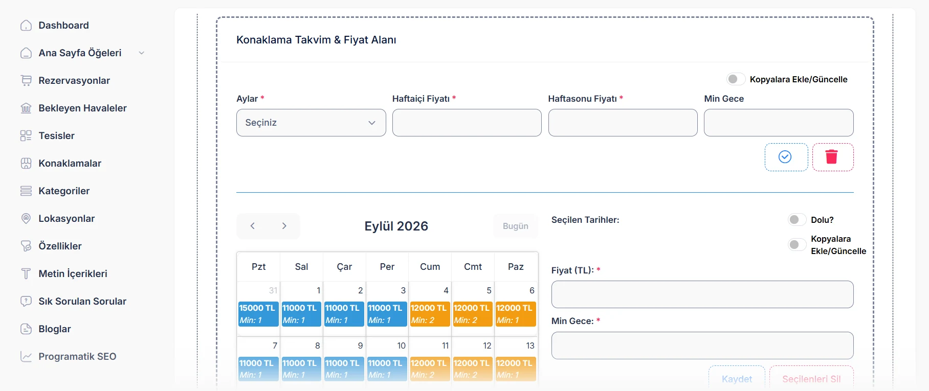 hotelbookings.app yönetim panelinde konaklama fiyat takvimi